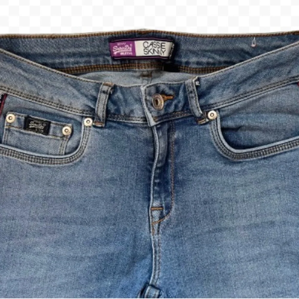 Superdry Vintage Blue Jeans & Red Logo Stripe Studs Blue Stripe Size W27 L30 EUC - Picture 8 of 12